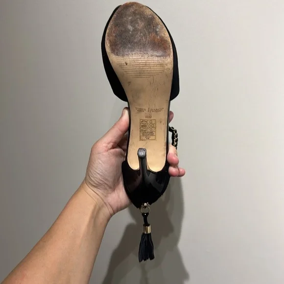 White House Black Market Black Heels with Open Toe Design and Textured Fabric - Picture 9 of 10